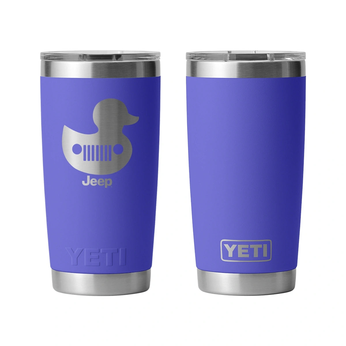 a periwinkle colored yeti travel mug with a silver jeep logo and rubber ducky