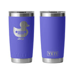 a periwinkle colored yeti travel mug with a silver jeep logo and rubber ducky