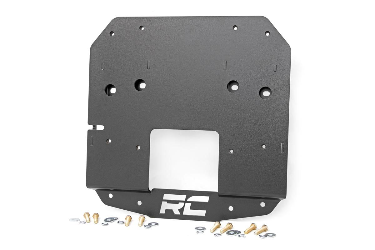 a metal relocation plate displayed surrounded by its installation hardware