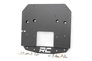 a metal relocation plate displayed surrounded by its installation hardware