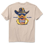a pale pink t-shirt with a rubber duck wearing a cowboy hat and sunglasses and a jeep bandana with the words “trail blazer”