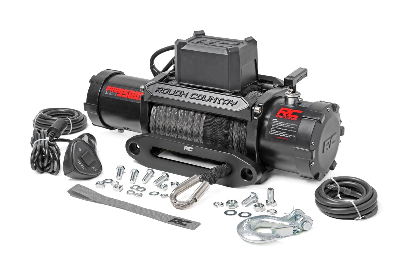 a winch labeled “Rough Country” with all its components