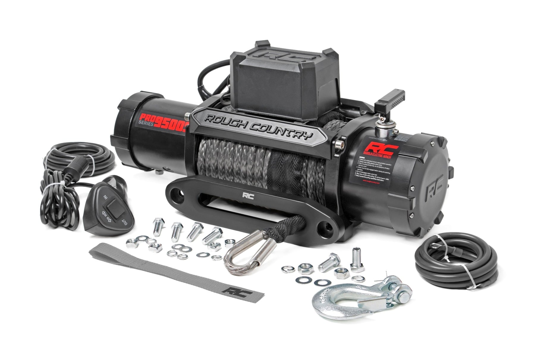 a winch labeled “Rough Country” with all its components