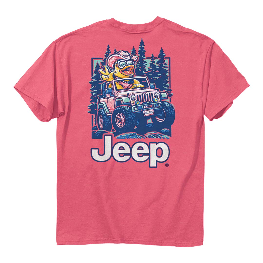 a bubblegum pink shirt with an illustration of a duck in a cowboy hat driving a jeep in the woods and flashing a jeep wave