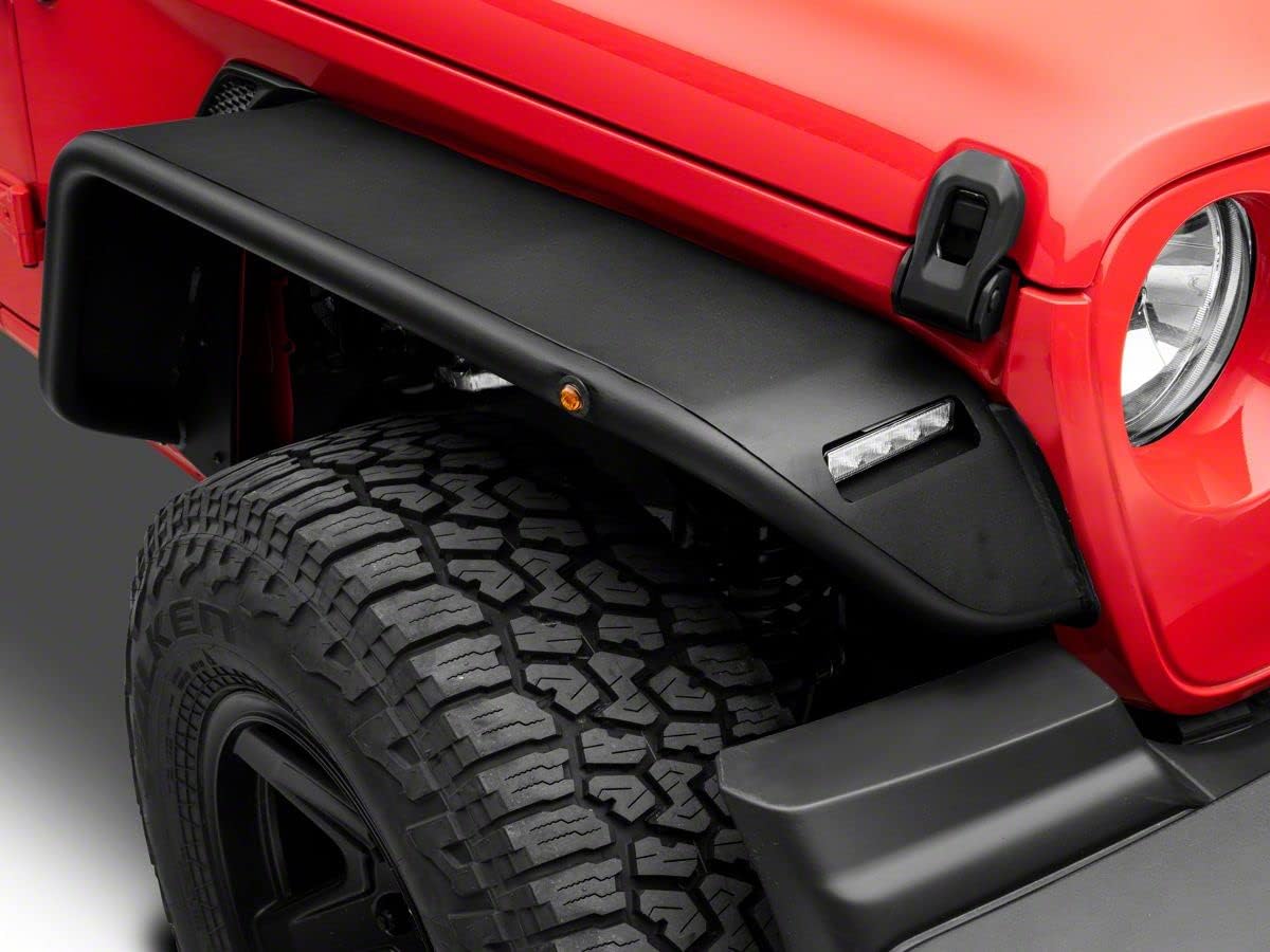 a close cropped image of a jeep wrangler with a tubular fender flare installed