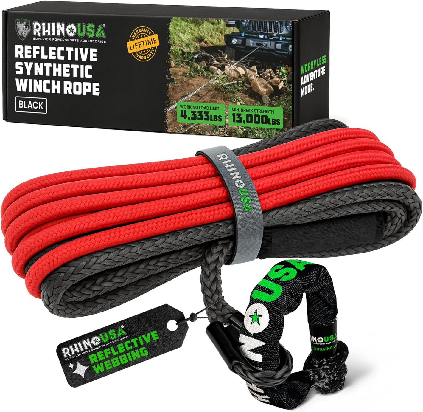 Rhino branded packaging and neatly folded winch line rope