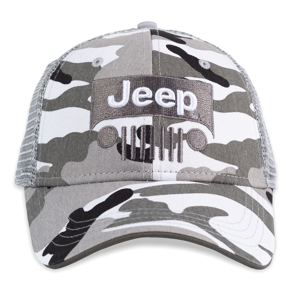 a light grey camo patterned hat with a grey jeep logo and grille
