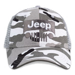a light grey camo patterned hat with a grey jeep logo and grille