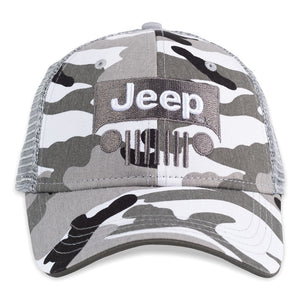 a light grey camo patterned hat with a grey jeep logo and grille