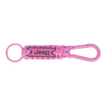 a bright pink braided cord keychain with a pink and silver metal plate saying Jeeo