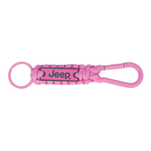 a bright pink braided cord keychain with a pink and silver metal plate saying Jeeo