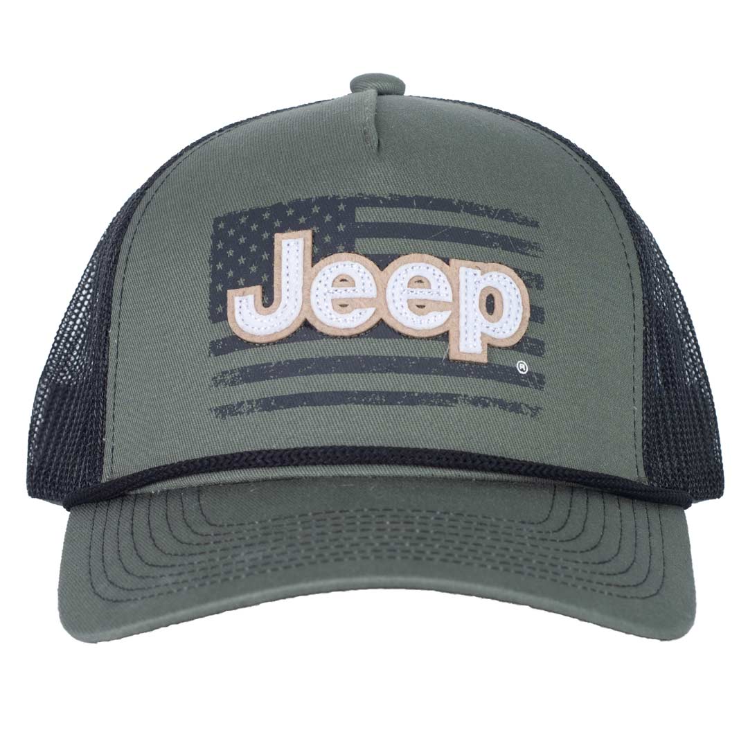 a low-saturation grey green trucker hat with mesh sides and a Jeep logo over a low-saturated american flag