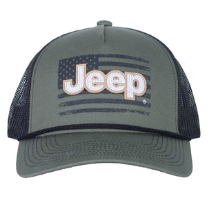 a low-saturation grey green trucker hat with mesh sides and a Jeep logo over a low-saturated american flag
