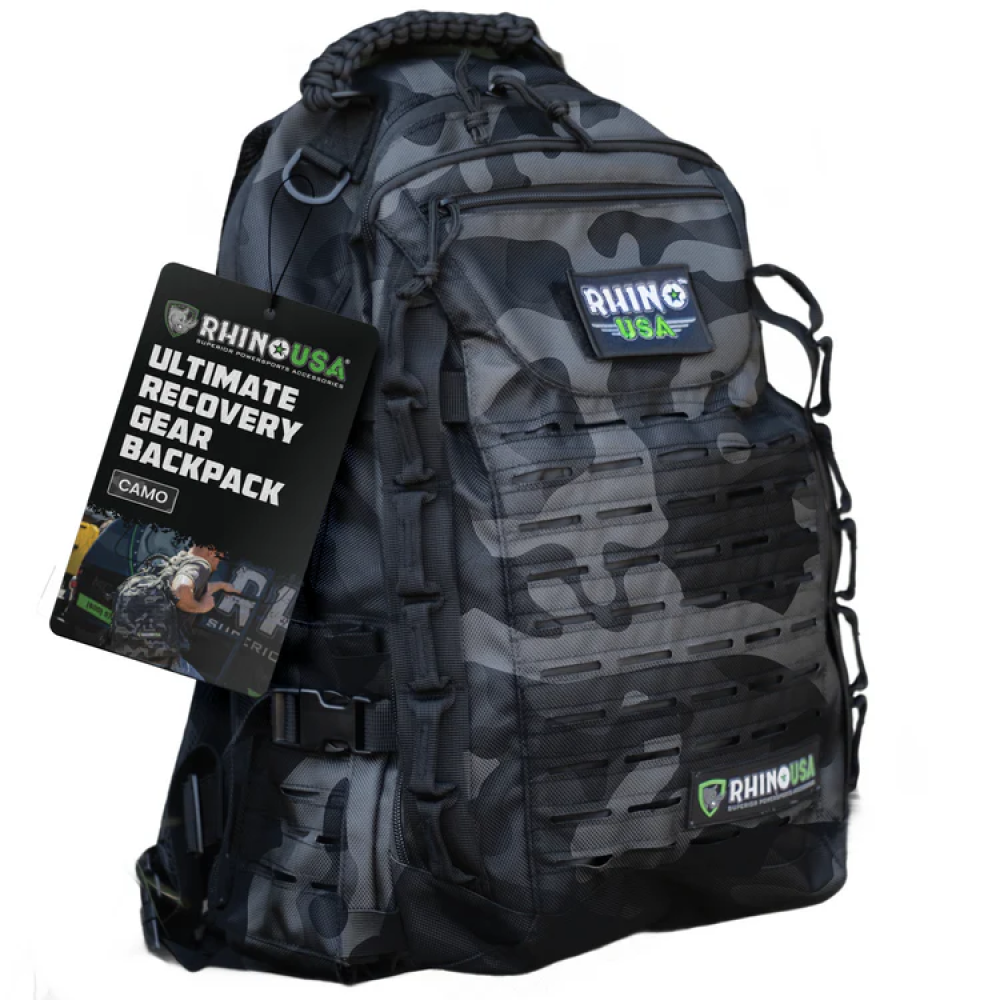 a blueish gray camo patterned backpack
