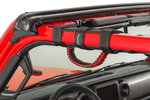 Close-up red jeep vehicle with red grab handle installed