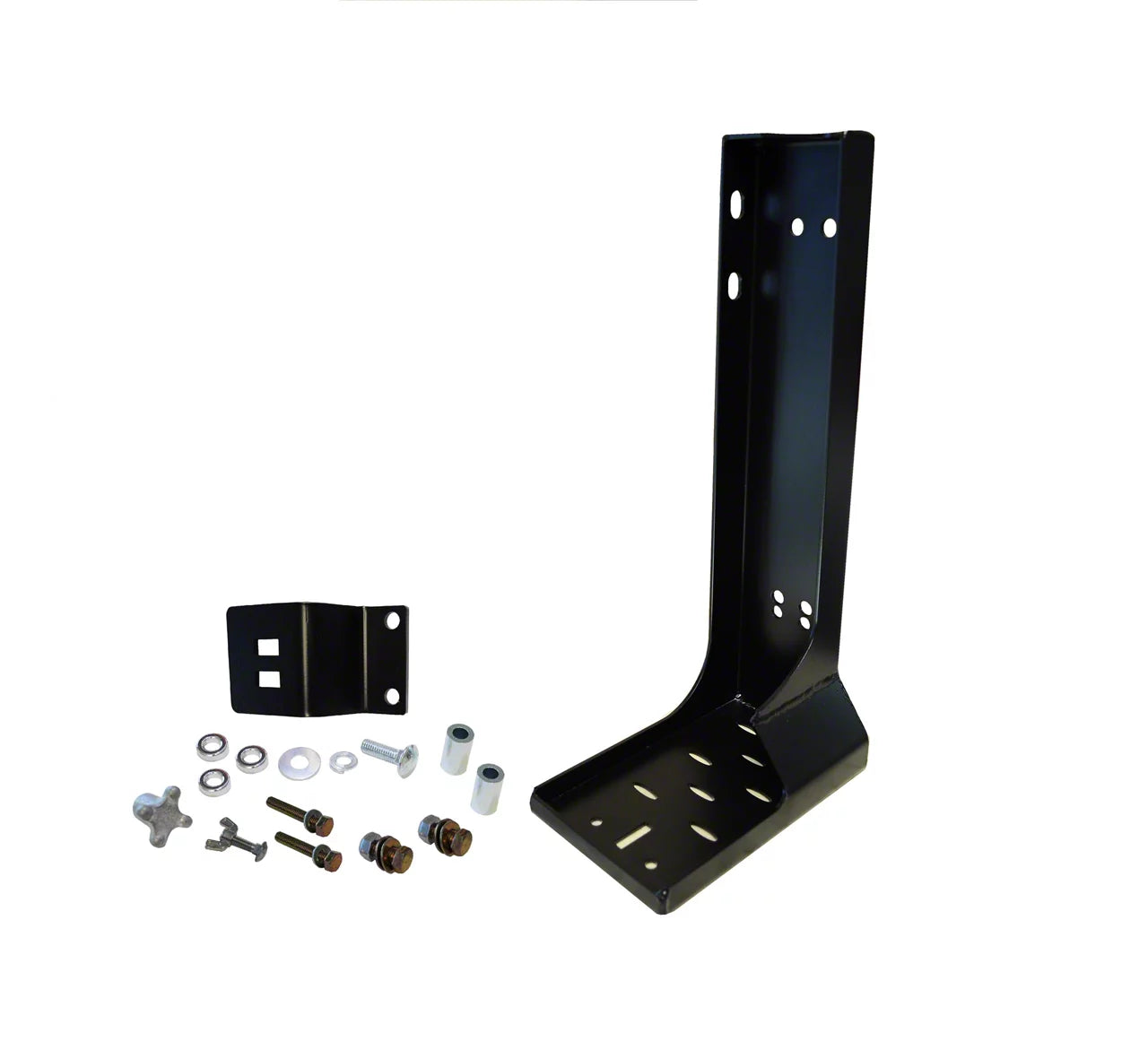 on a white background, a black jack mount sit with its accessories