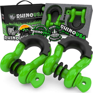 Rhino branded packaging with 2 green D-ring shackles