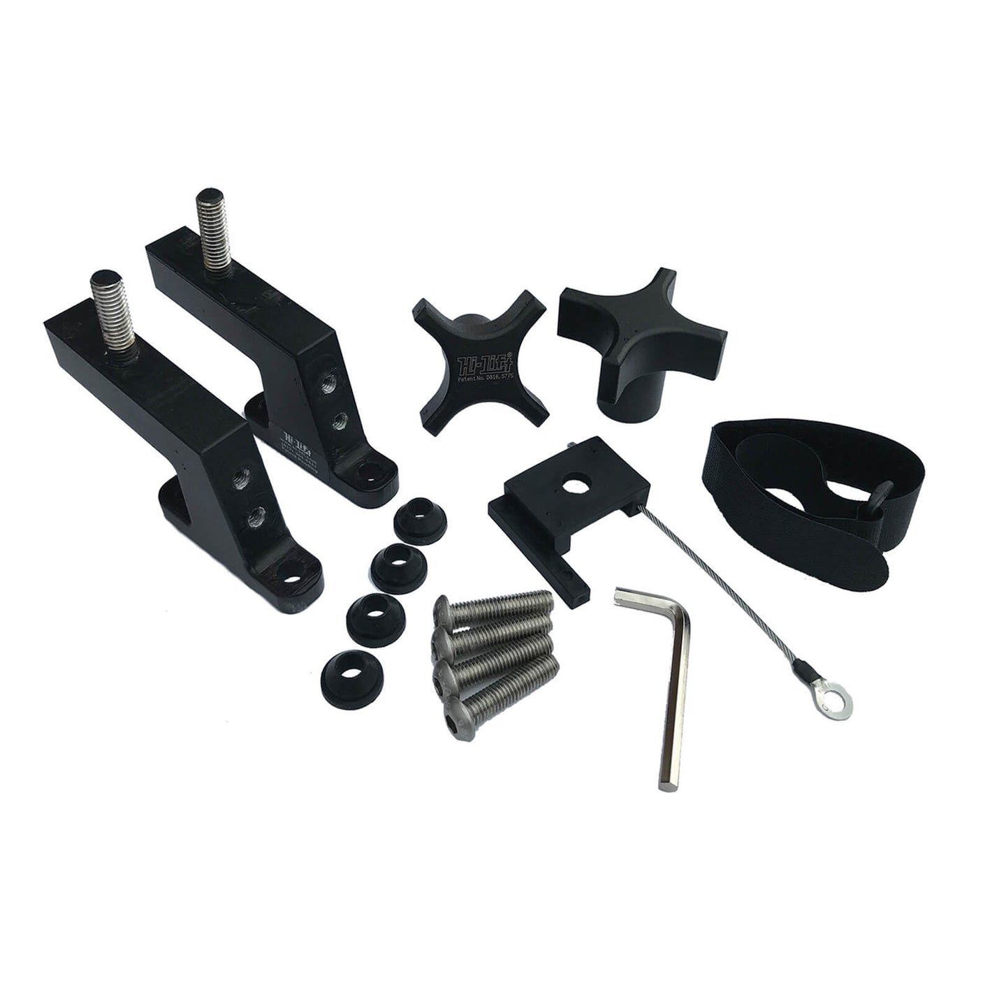 various parts of the hood mount kit over a white background