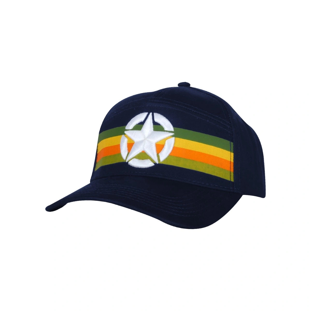 a dark navy hate with green, yellow, and orange stripes and a white raised star