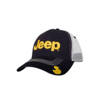 a dark navy hat with a yellow jeep logo on the front and a yellow duck on the bill
