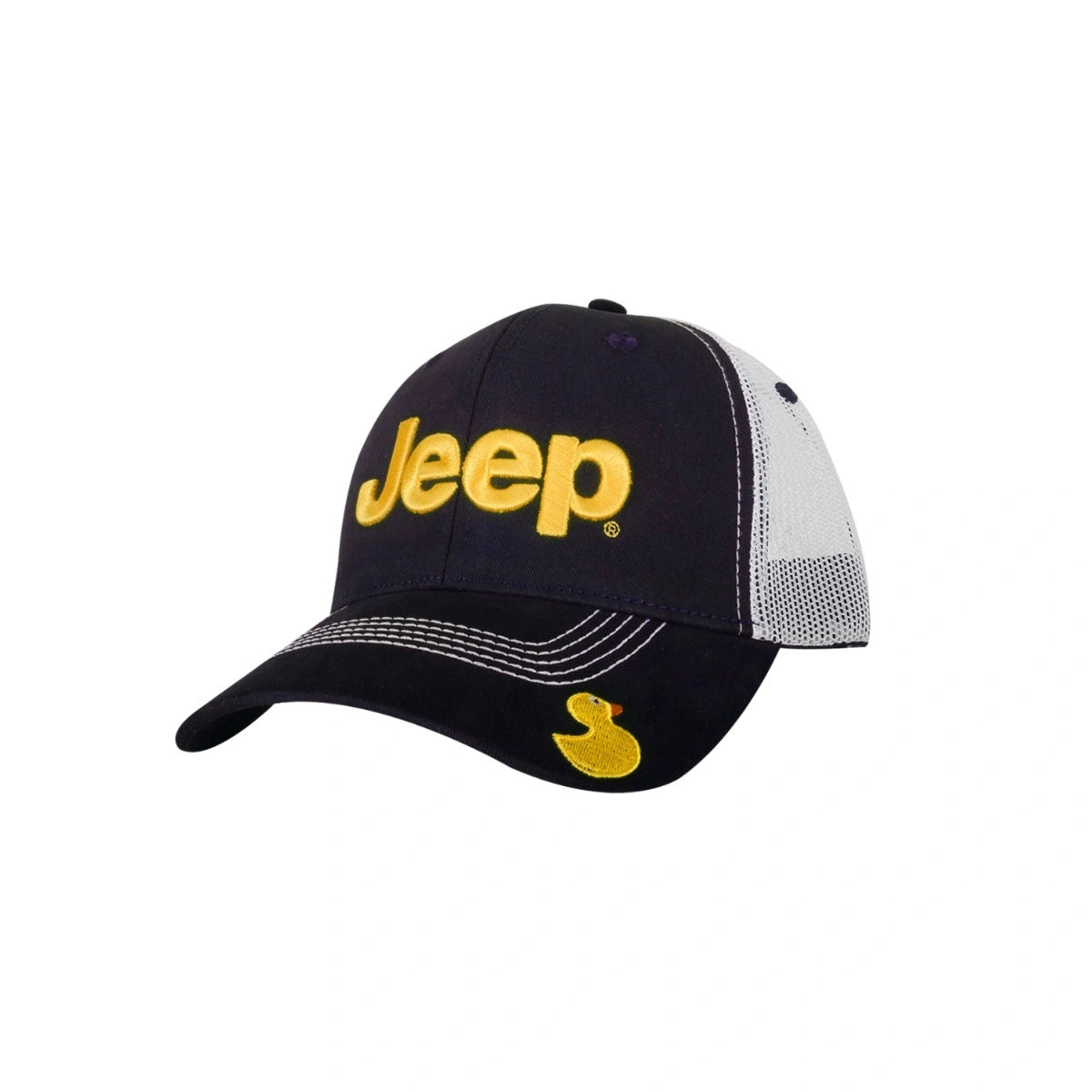 a dark navy hat with a yellow jeep logo on the front and a yellow duck on the bill