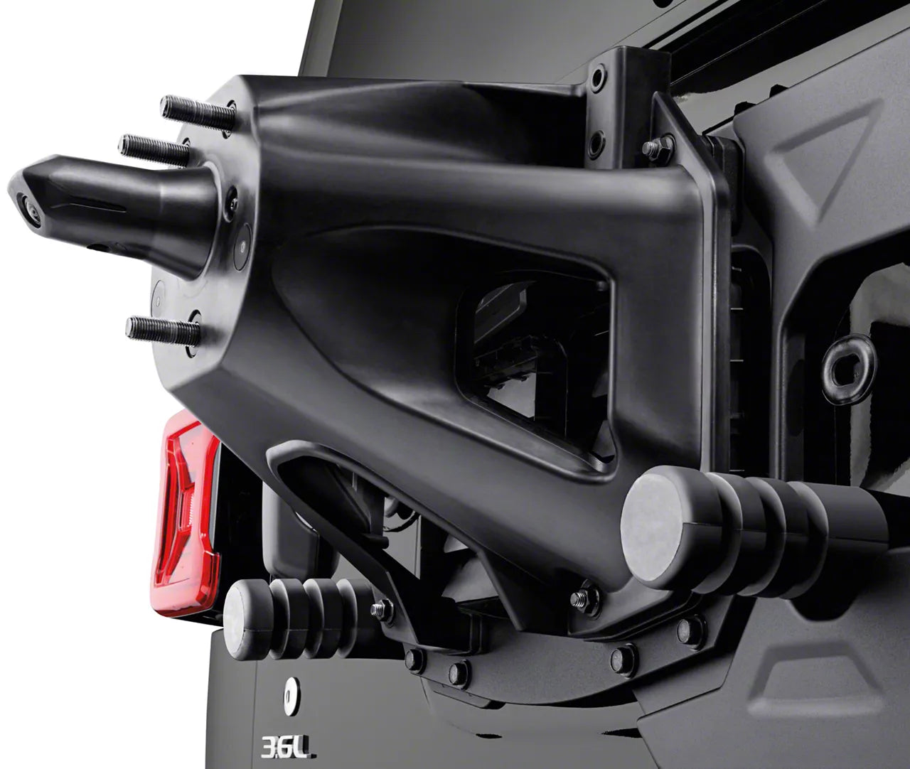 the rear of a black jeep wrangler with the oversized spare tire carrier mounting bracket attached
