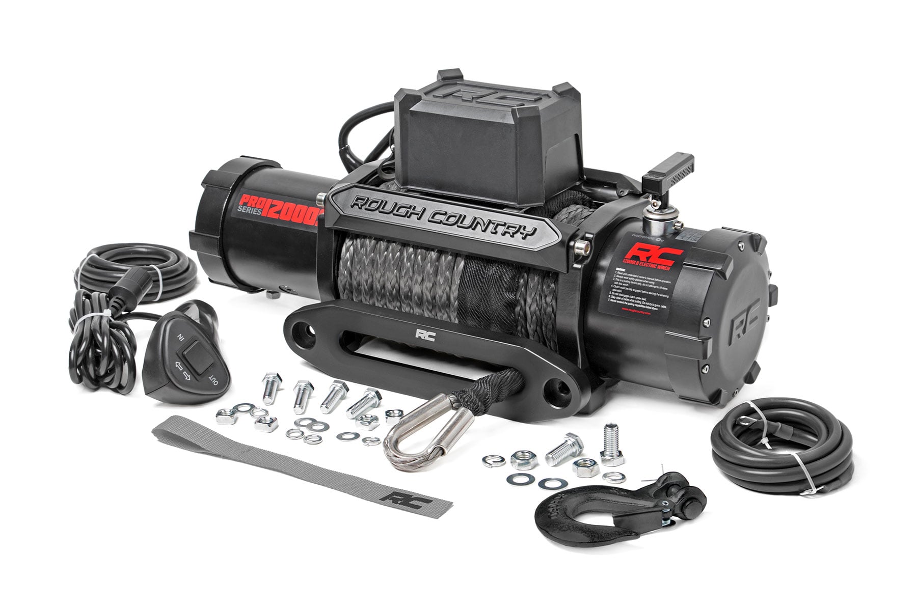 a winch labeled “Rough Country” with all its components