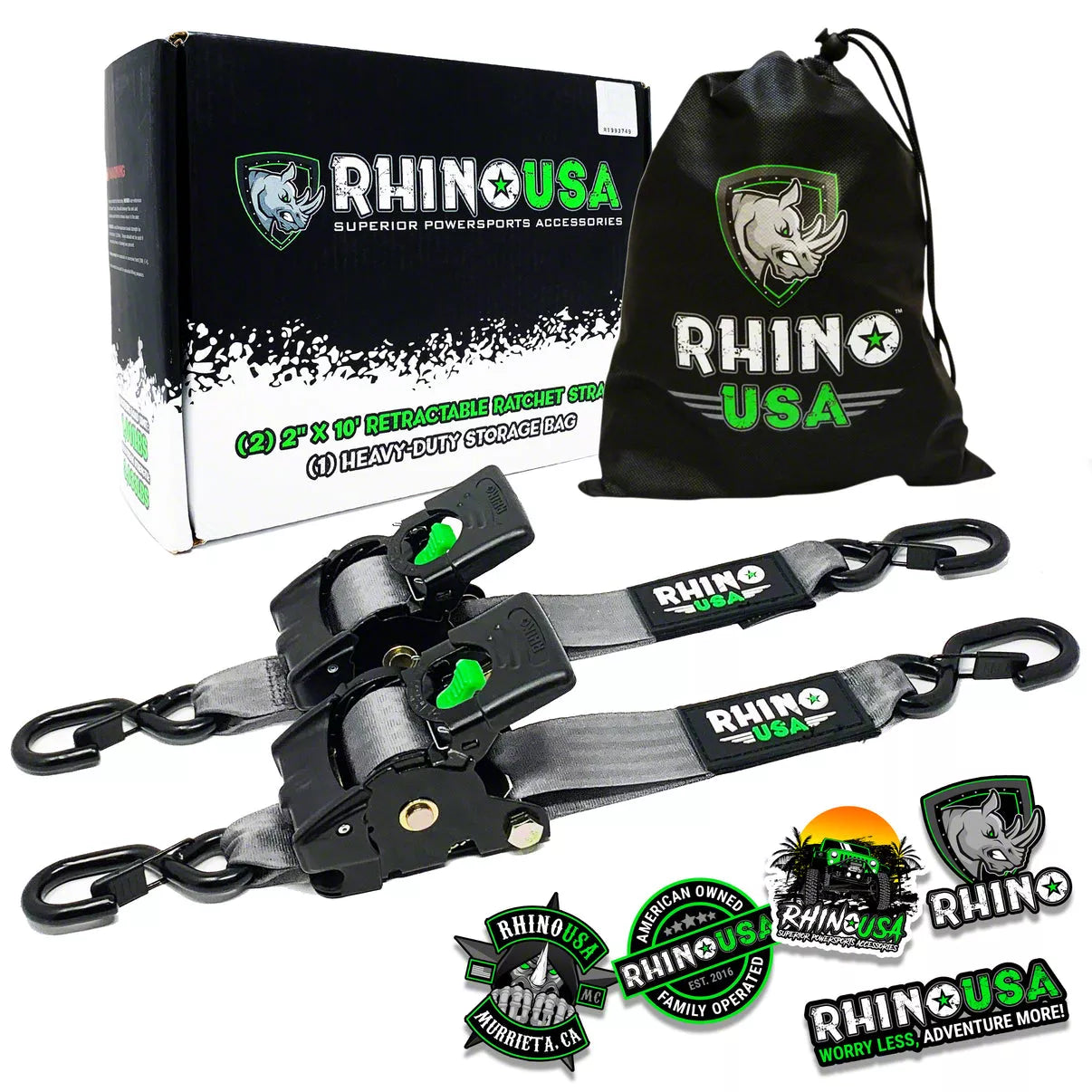 Rhino branded packaging with carrying bag and 2 gray retractable ratchet straps