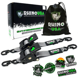 Rhino branded packaging with carrying bag and 2 gray retractable ratchet straps