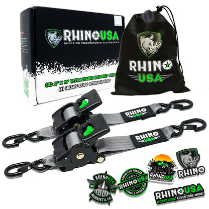 Rhino branded packaging with carrying bag and 2 gray retractable ratchet straps