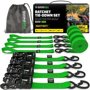 Rhino branded packaging with carrying bag and green ratchet tie-down pieces displayed