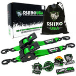 Rhino branded packaging with carrying bag and 2 green retractable ratchet straps