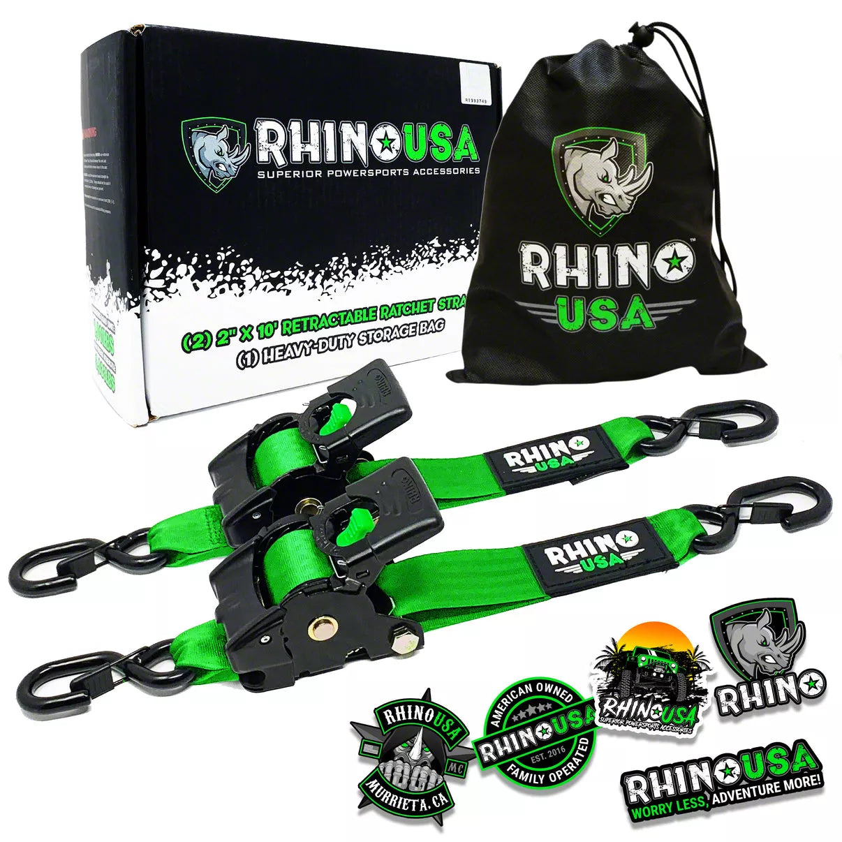Rhino branded packaging with carrying bag and 2 green retractable ratchet straps