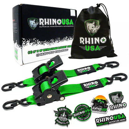 Rhino branded packaging with carrying bag and 2 green retractable ratchet straps