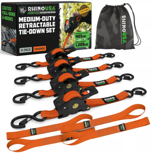 Rhino branded packaging with carrying bag and 4 orange retractable ratchet straps