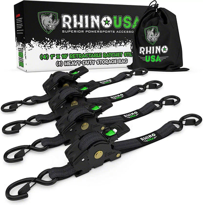 Rhino branded packaging with carrying bag and 4 black retractable ratchet straps