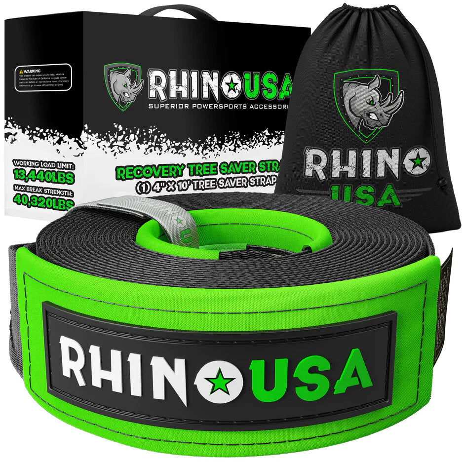 a green and black tow strap is coiled up in front of its packaging and drawstring carrying bag