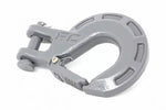 Grey clevis hook with “RC” engraved into it on a white background