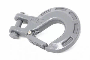 Grey clevis hook with “RC” engraved into it on a white background