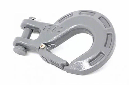 Grey clevis hook with “RC” engraved into it on a white background