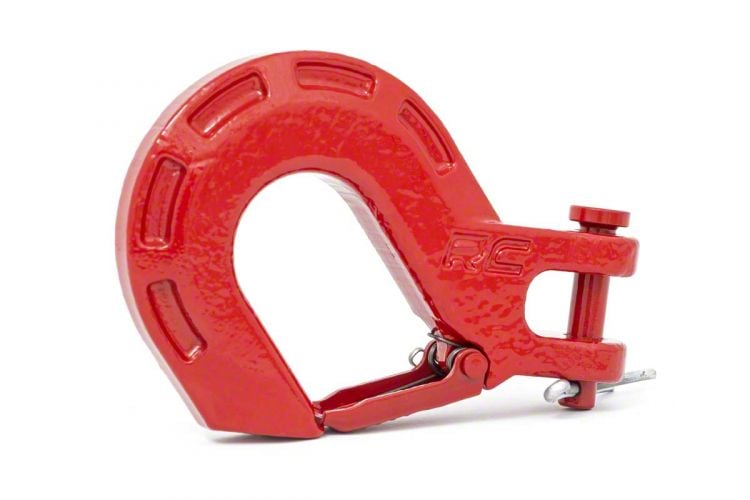 Red clevis hook with “RC” engraved into it on a white background
