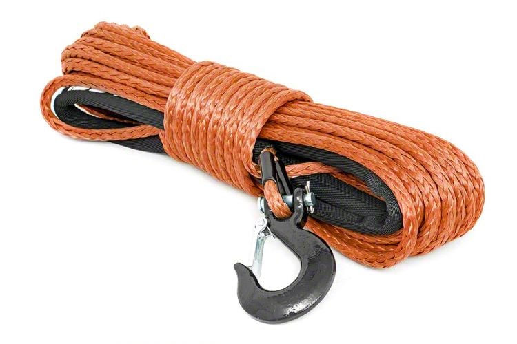 Orange winch rope in a bundle on a white background with hook attached