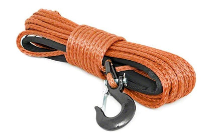 Orange winch rope in a bundle on a white background with hook attached