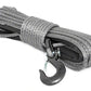Grey winch rope in a bundle on a white background with hook attached