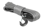 Grey winch rope in a bundle on a white background with hook attached