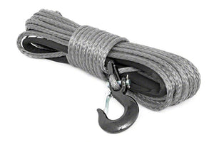 Grey winch rope in a bundle on a white background with hook attached