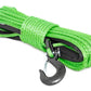 Green winch rope in a bundle on a white background with hook attached
