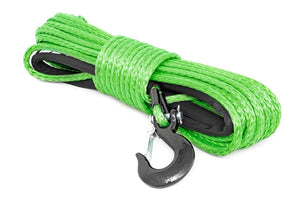 Green winch rope in a bundle on a white background with hook attached