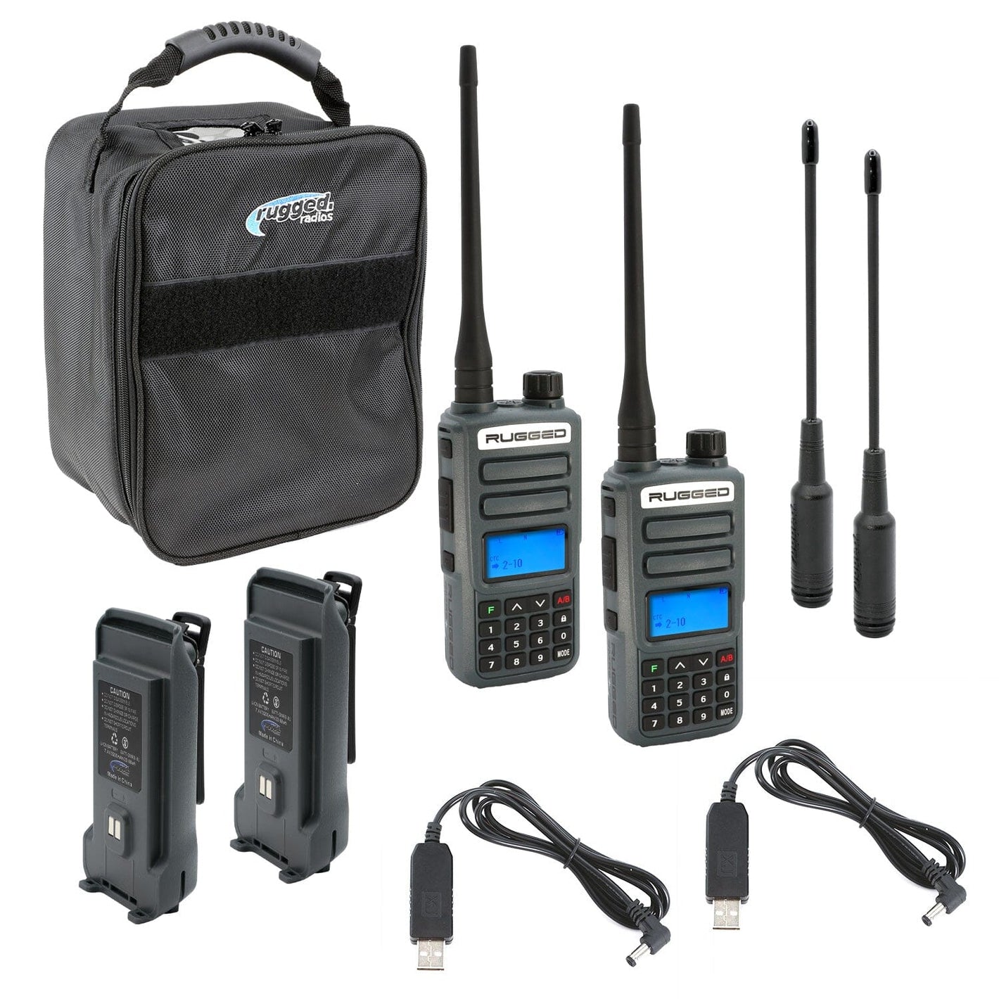 2 radio handsets are displayed with cables, antennae, chargers, and carrying case