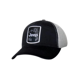 a black and gray hat with a black and white badge showing a white jeep logo and a simply mountain design